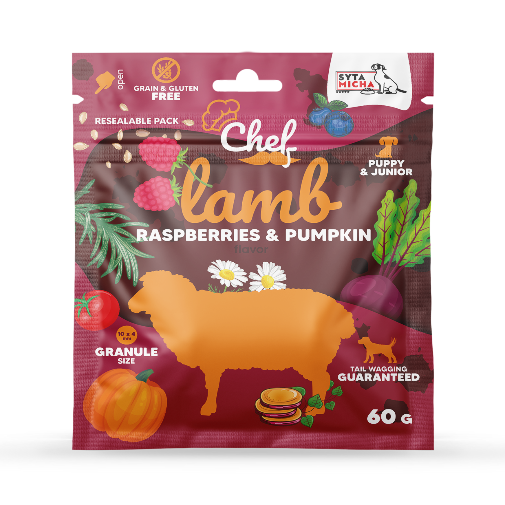 PRÓBKA Crocchette per cuccioli Agnello, lampone e zucca 60g