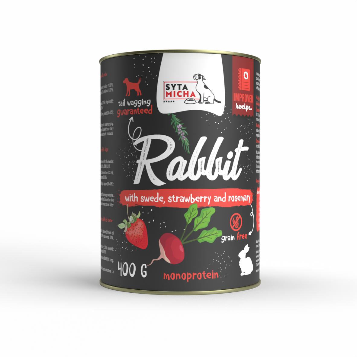 Karma mokra per cani con coniglio, rapa, fragola e rosmarino 400g