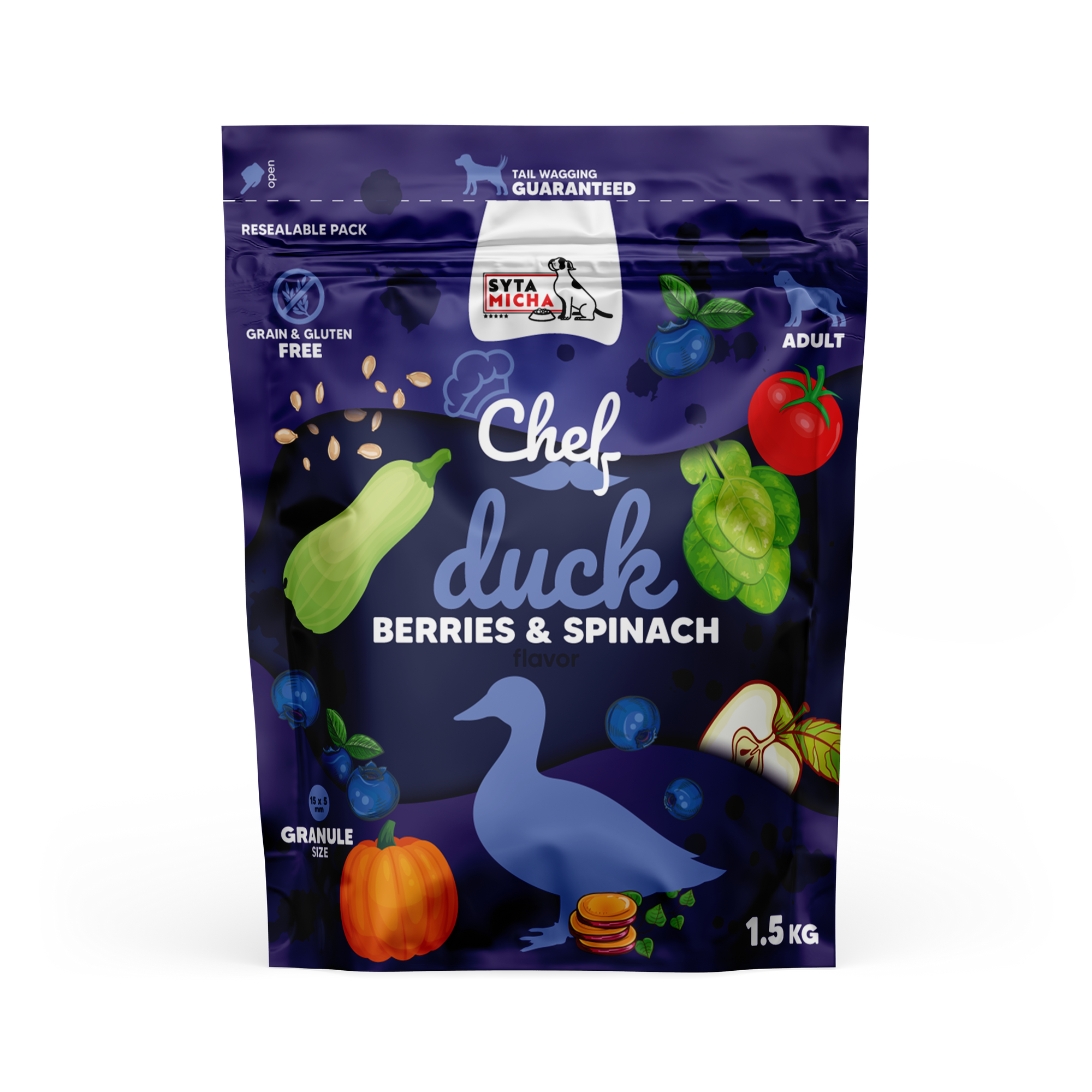 Cibo secco per cani Anatra, mirtilli e spinaci 1.5kg