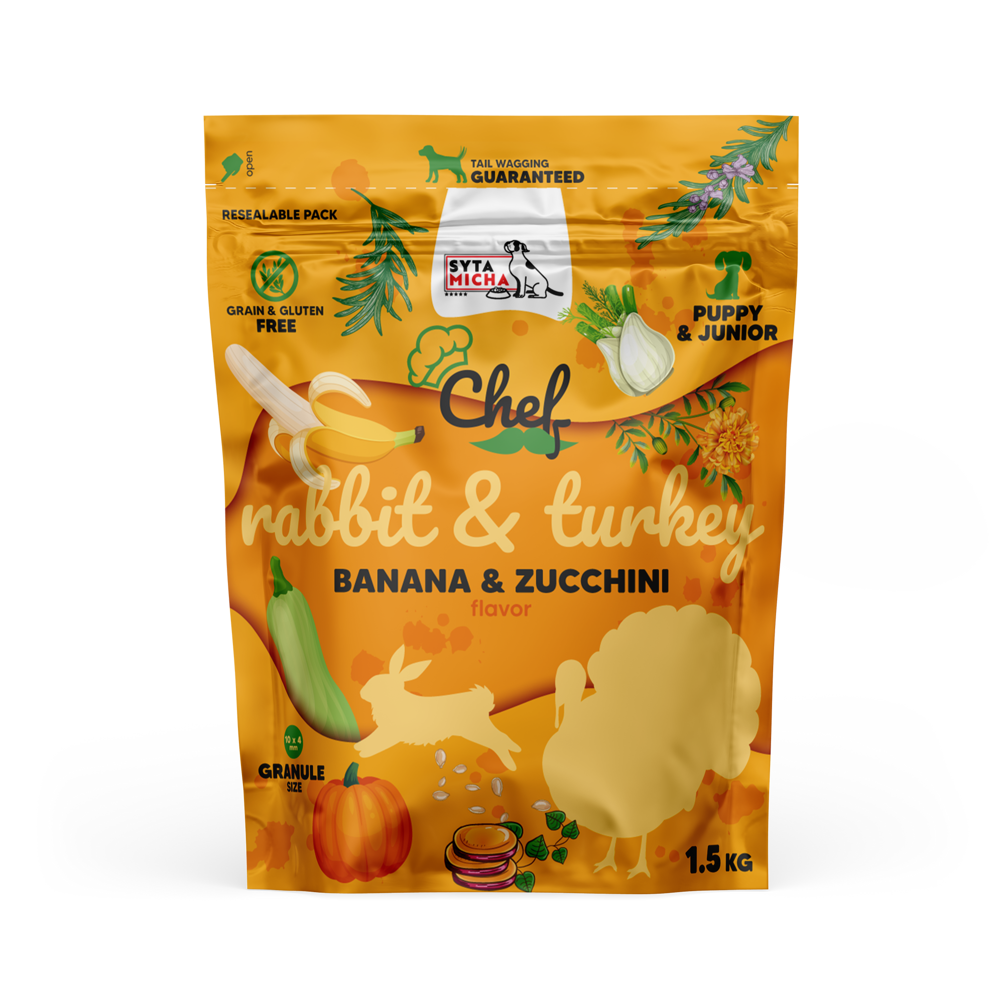 Cibo secco per cuccioli Coniglio e tacchino, banana e zucchina 1.5kg