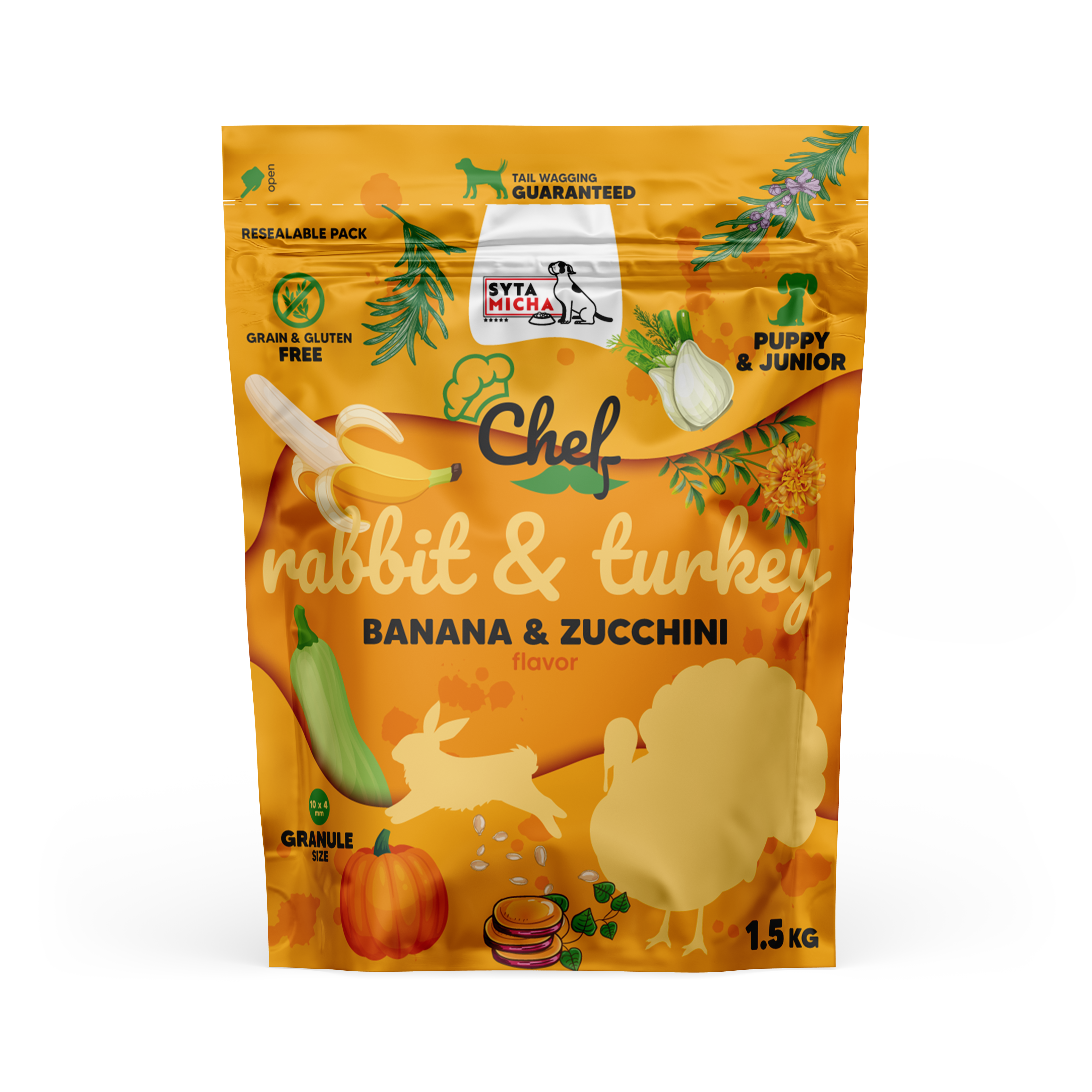 Cibo secco per cuccioli Coniglio e tacchino, banana e zucchina 1.5kg