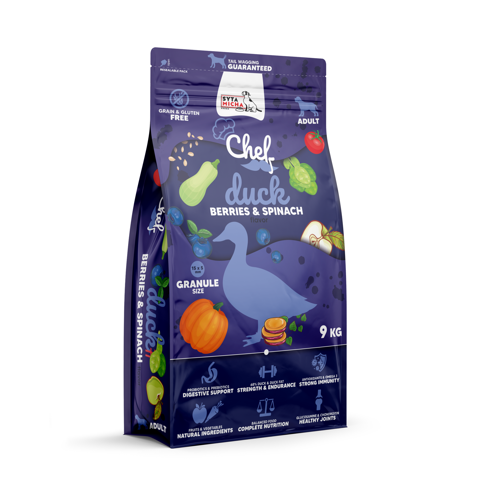 Cibo secco per cani Anatra, mirtilli e spinaci 9kg