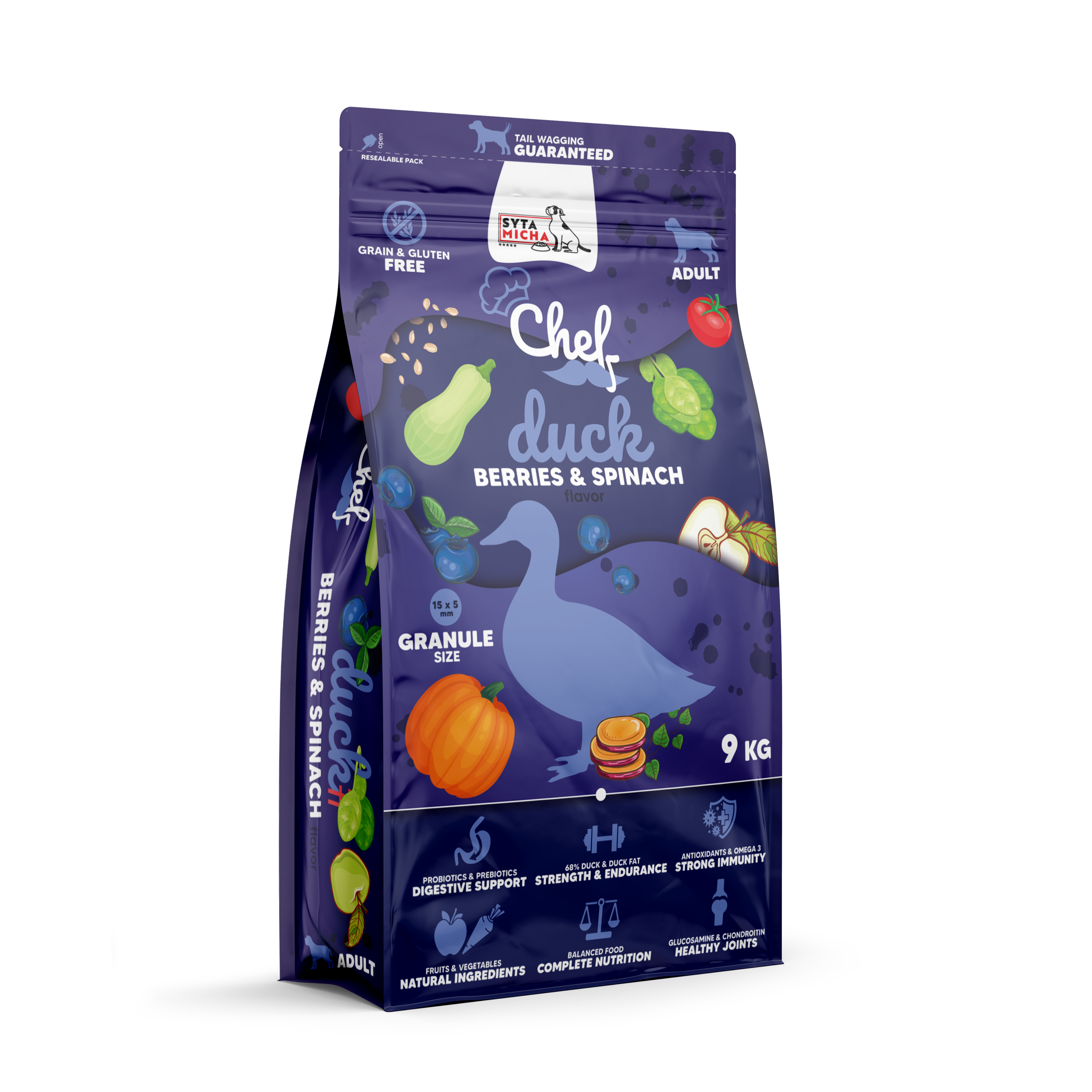 Cibo secco per cani Anatra, mirtilli e spinaci 9kg