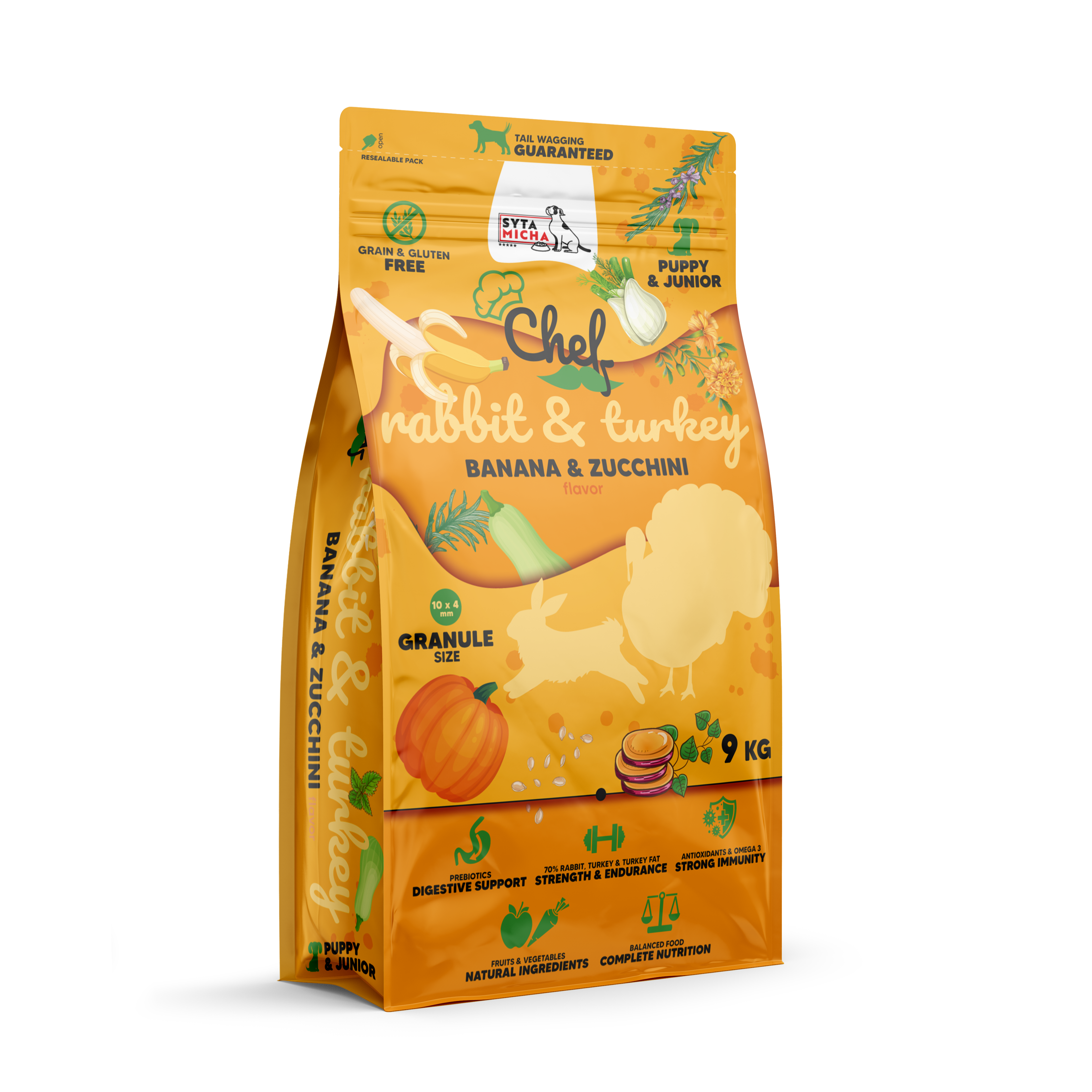 Cibo secco per cuccioli Coniglio e tacchino, banana e zucchina 9kg