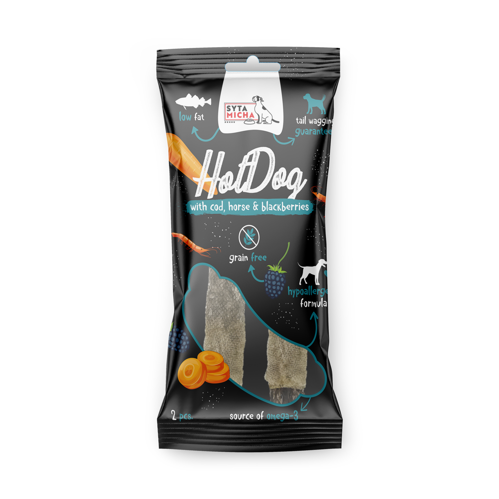 Hot Dog da masticare per cani - carne di cavallo con more in pelle di merluzzo 2 pz.