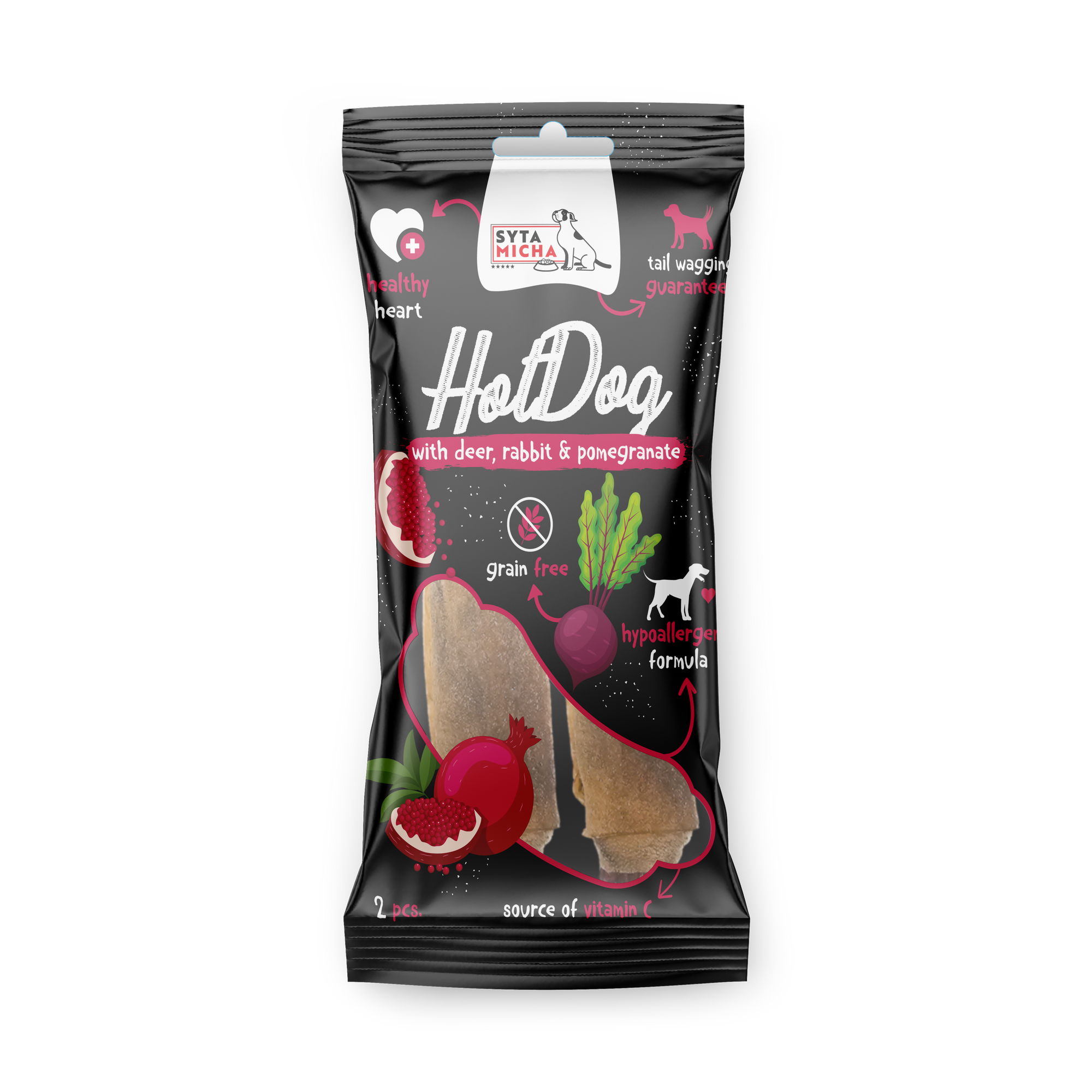 Hot Dog do żucia dla psa - królik z granatem w skórze jelenia 2 szt.