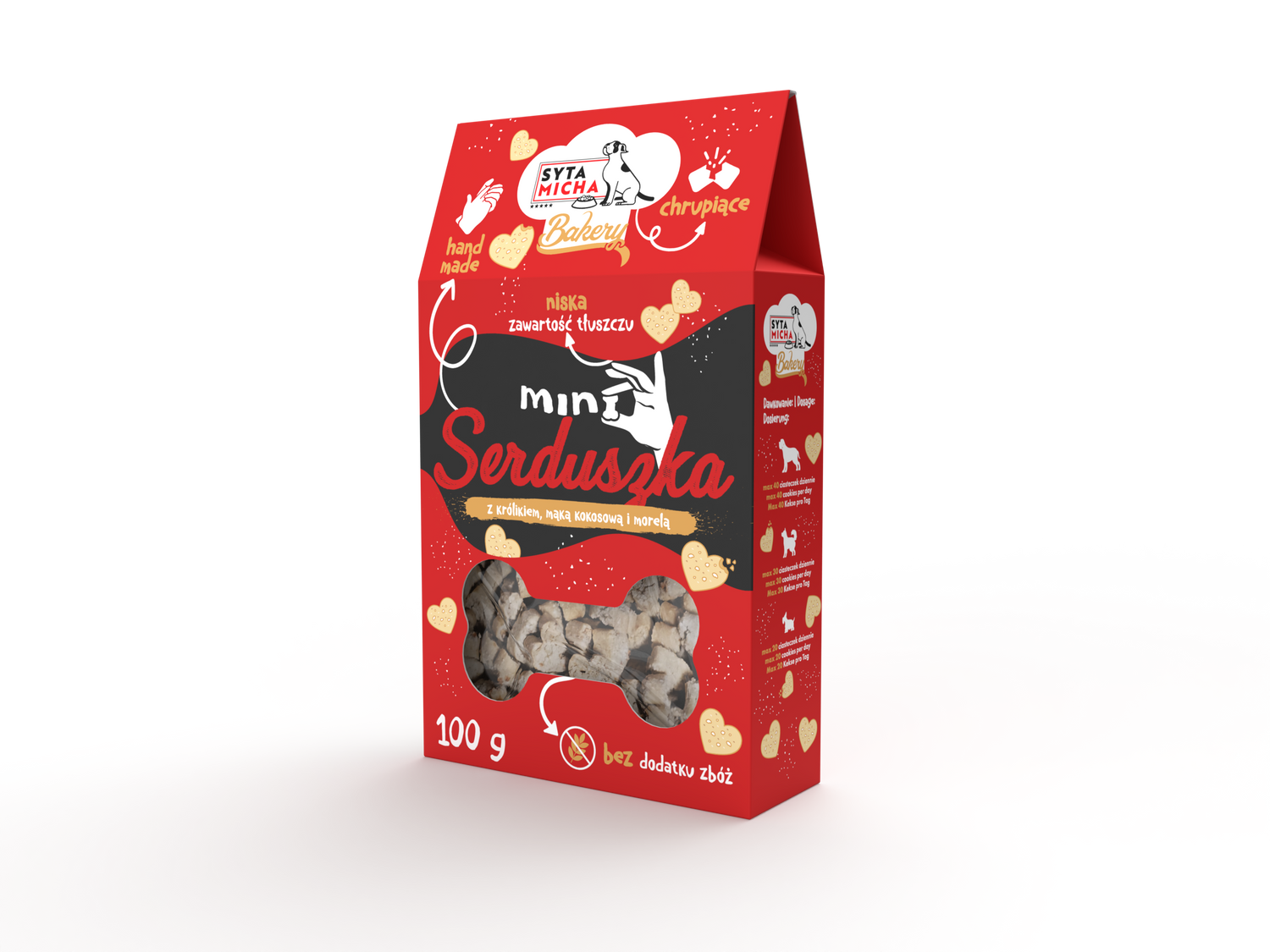 Ciasta per cani Mini cuori con coniglio, farina di cocco e albicocca 100g