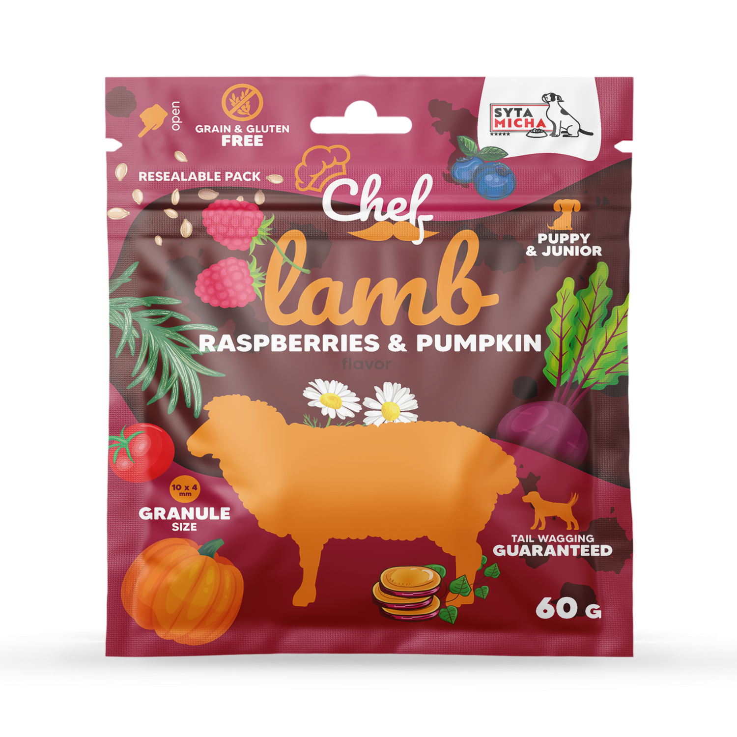 PRÓBKA Crocchette per cuccioli Agnello, lampone e zucca 60g