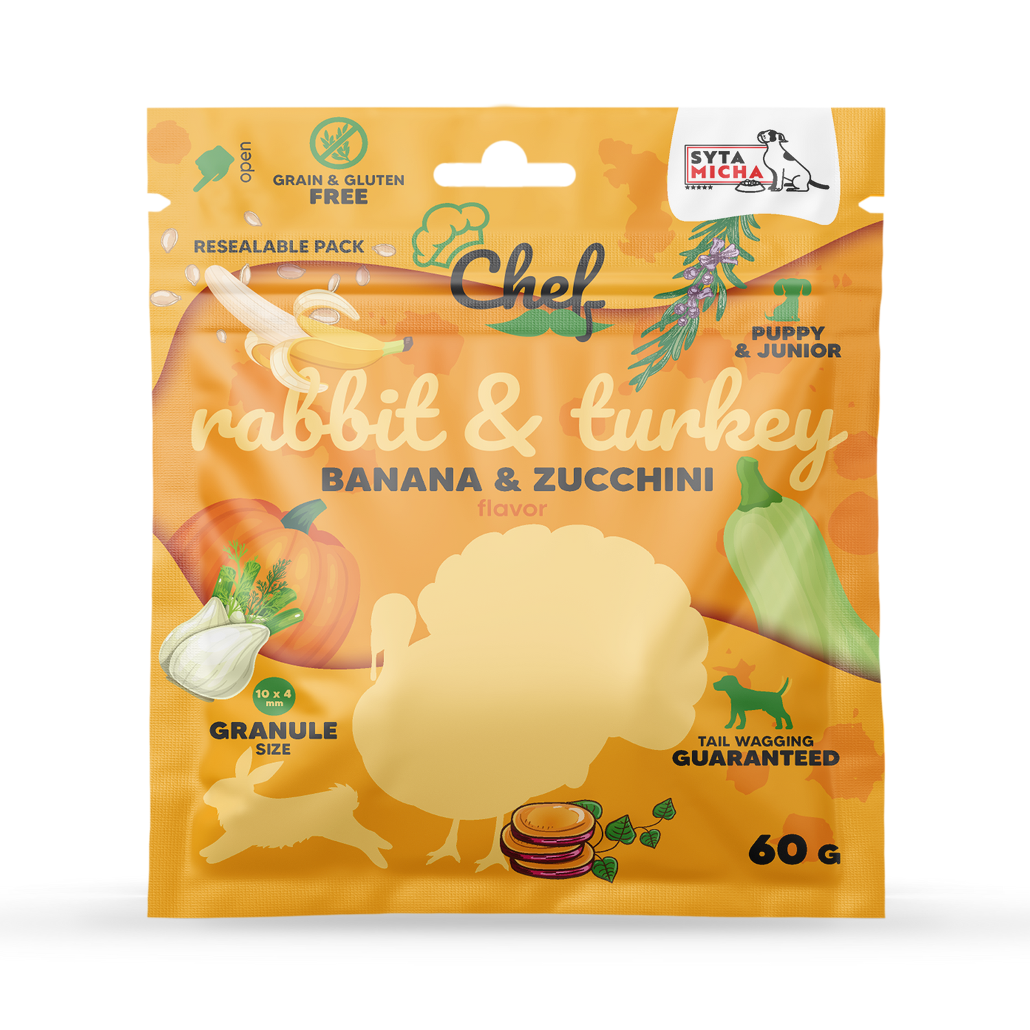 PRÓBKA Crocchette per cuccioli Coniglio e tacchino, banana e zucchina 60g