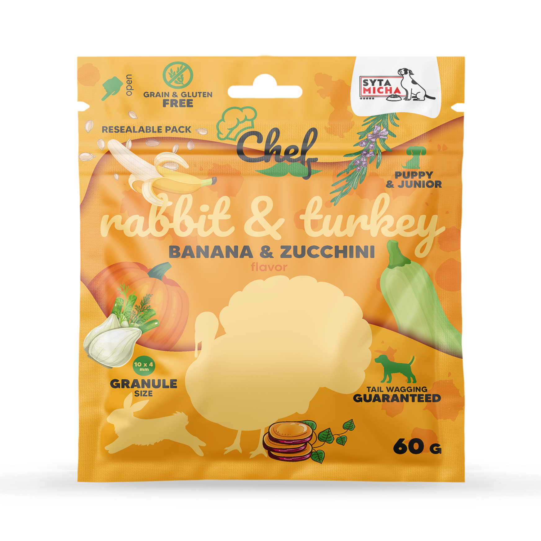 PRÓBKA Crocchette per cuccioli Coniglio e tacchino, banana e zucchina 60g
