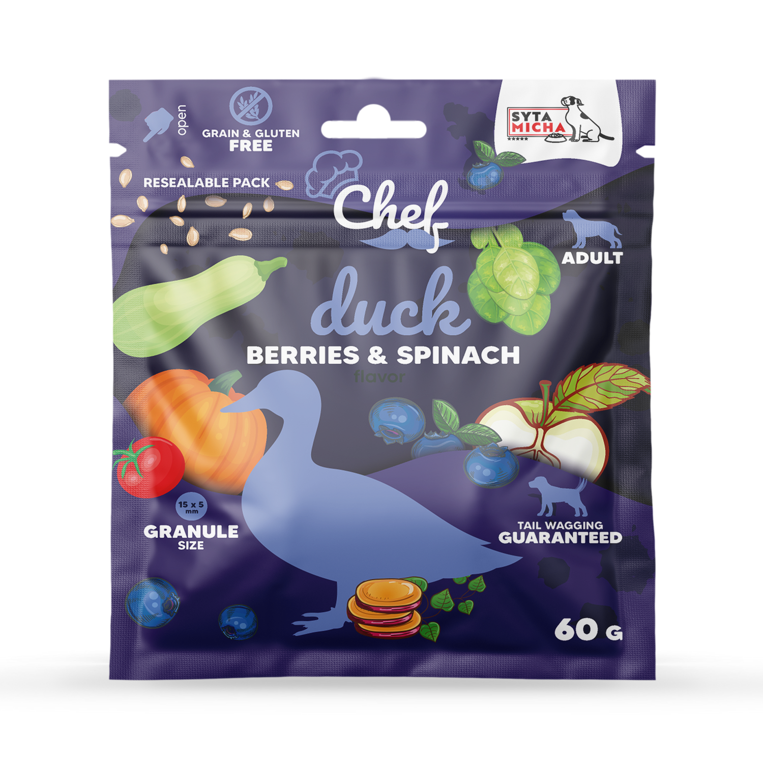 PRÓBKA Crocchette per cani Anatra, mirtilli e spinaci 60g