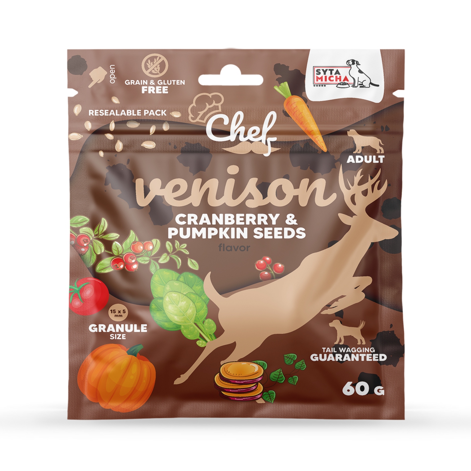 PRÓBKA Crocchette per cani Selvaggina, mirtilli rossi e semi di zucca 60g