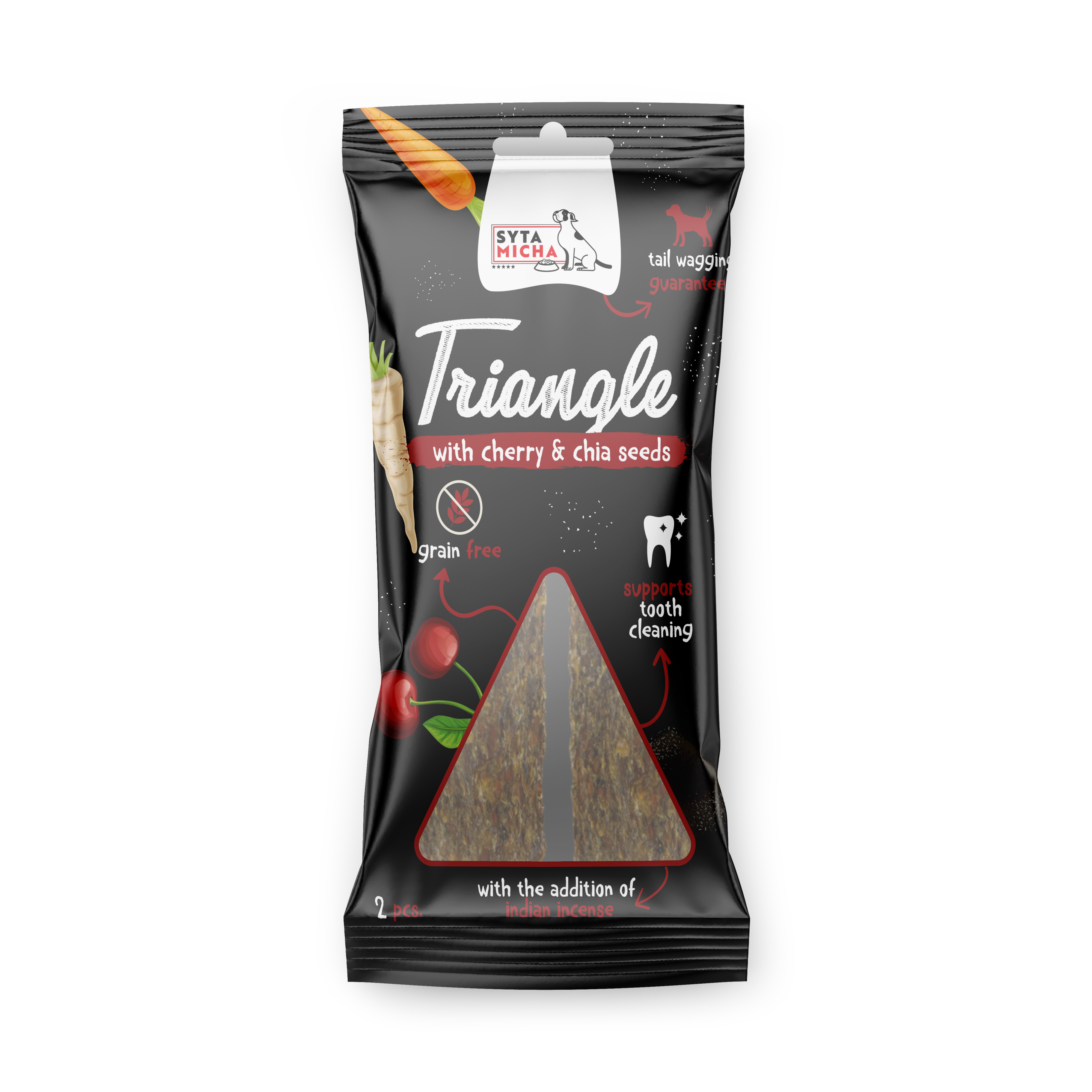 Triangolo da masticare per cani - struzzo con ciliegia e semi di chia 2 pz.