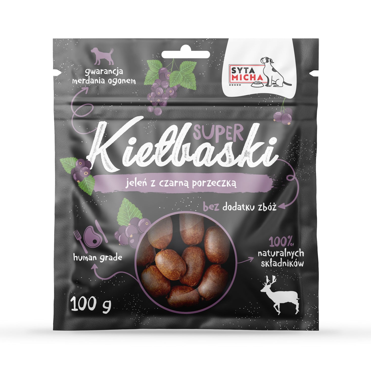 Super kiełbaski dla psa z jeleniem i czarną porzeczką 100g